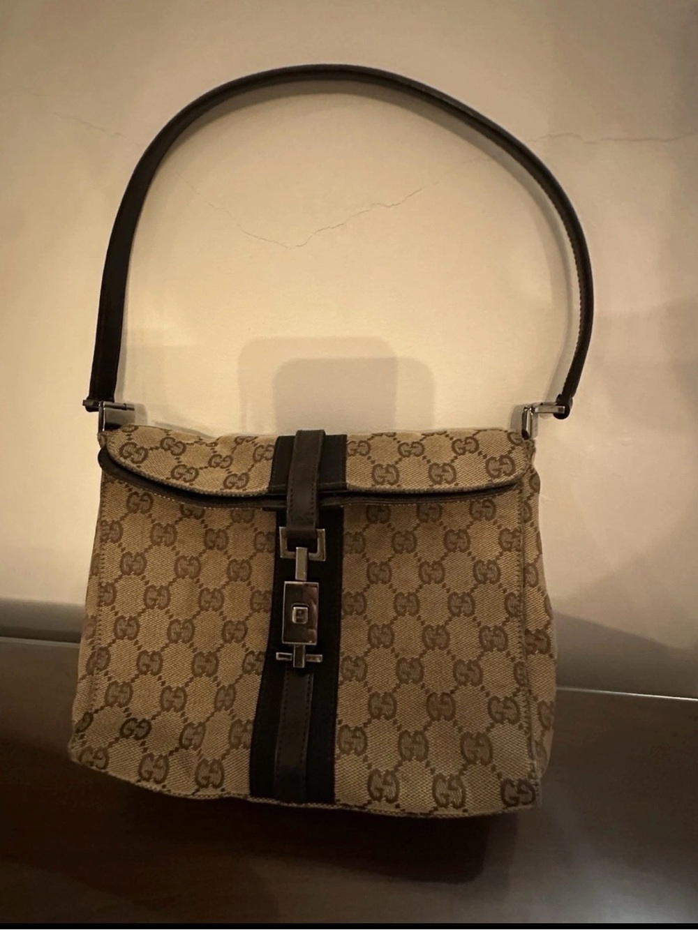 Vintage Gucci Monogram Canvas Shoulder Bag in Beige/Brown